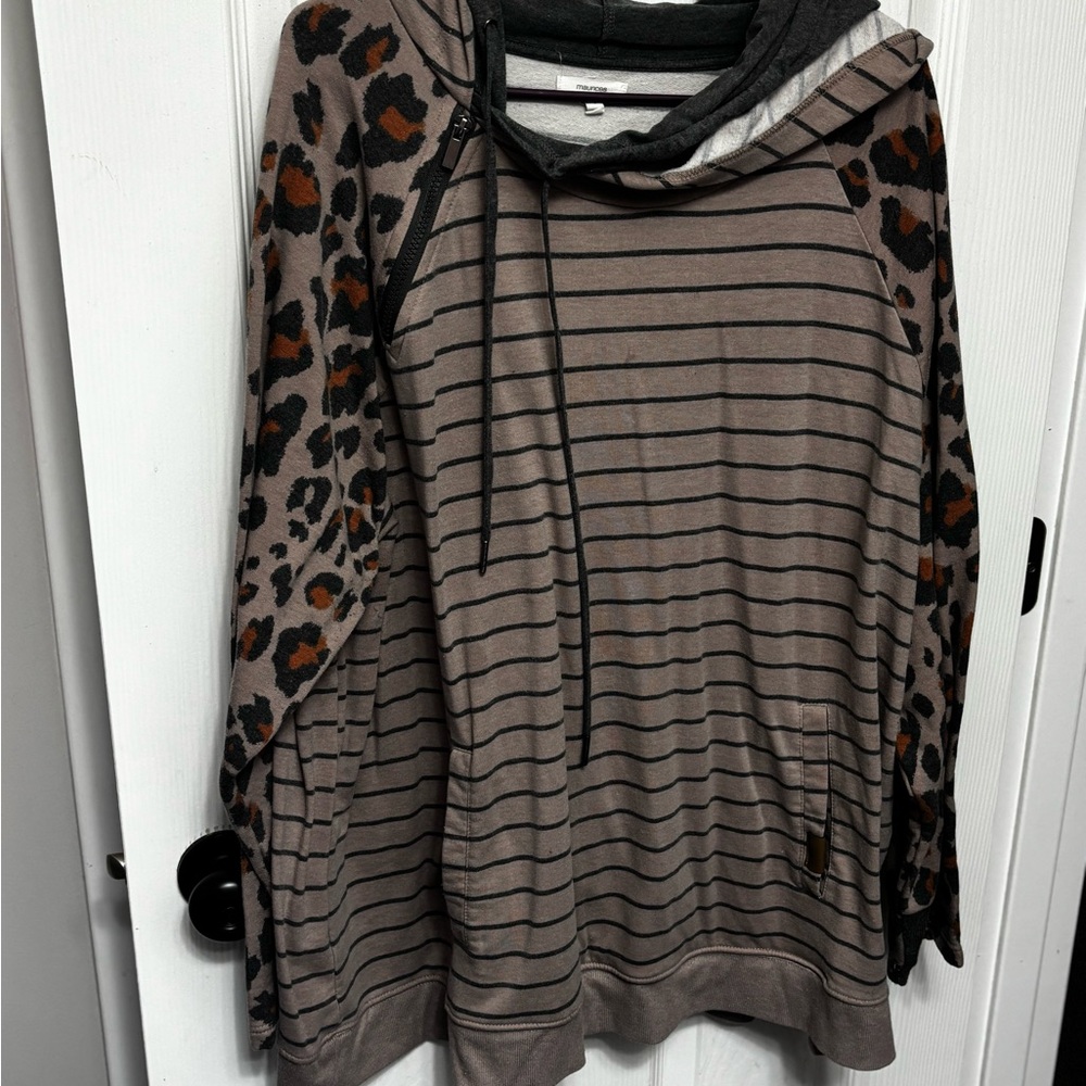 Striped Hoodie with Leopard Print Sleeves